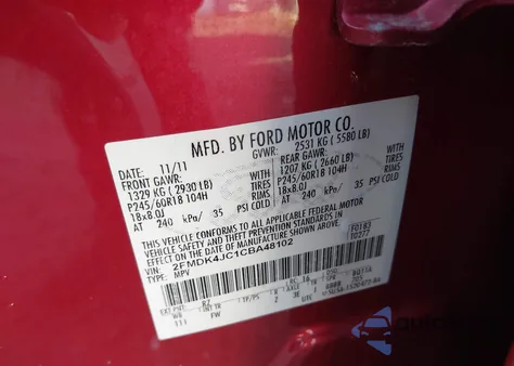 2012 Ford Edge Sel из США, поврежденный, VIN 2FMDK4JC1CBA48102